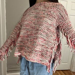 John+Jenn XS Pink, Black , and White Chunky knit sweater with fringe